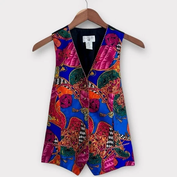Georgiou Vintage 1980s Sz 4 Multicolor 100% Silk Vest Gold Buttons Adjustable - Picture 1 of 8